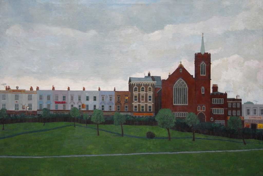 Doreen Fletcher Mile End Park with Church (1988) oil on canvas 51 x 76cm SOLD